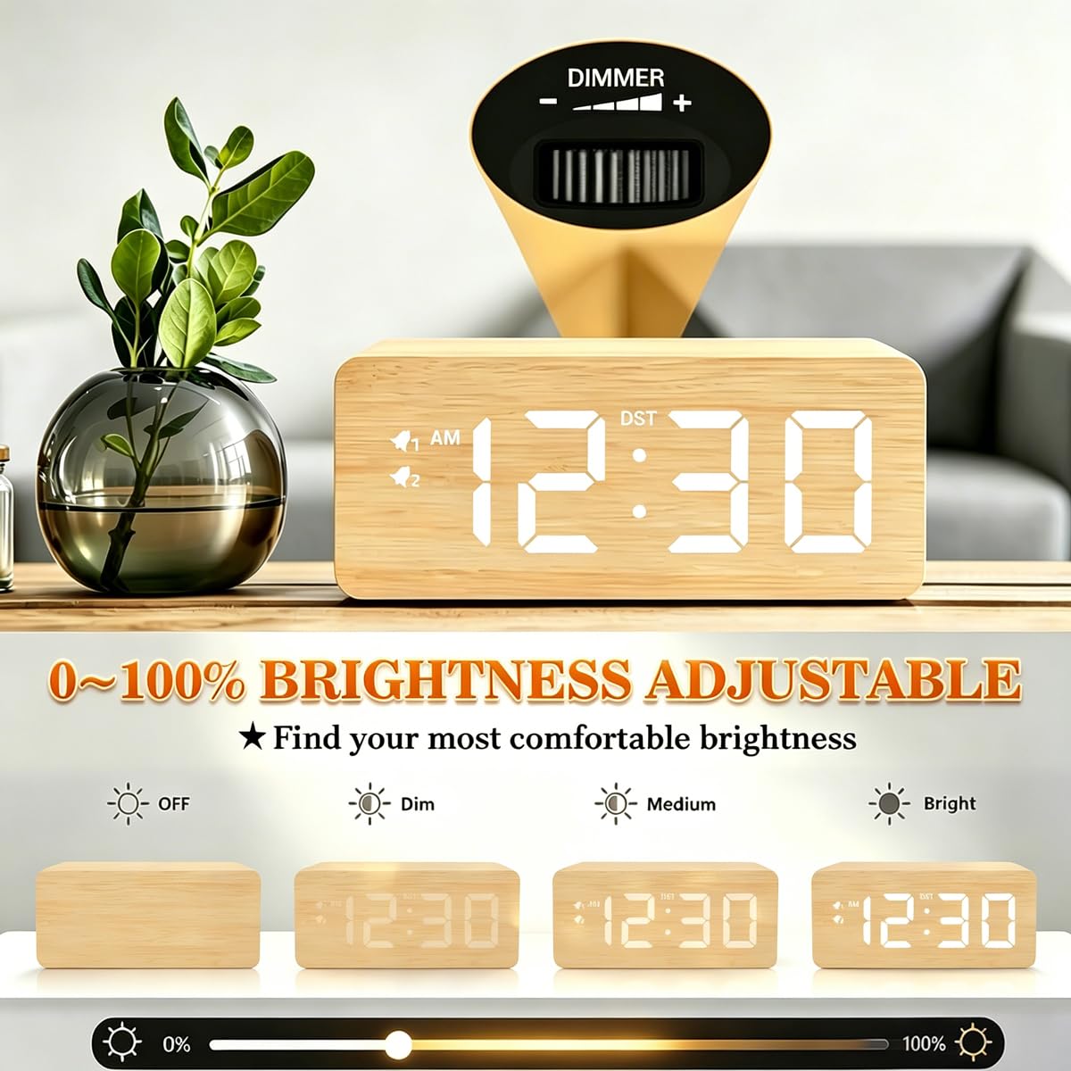 URAYCO Wood Digital Alarm Clock with 10W Fast Wireless Charger, USB Charging Ports, DST, Dimmable, Snooze, Large Number LED Display for Bedrooms, Desk, Living Room Table, Bedside, Nightstand (Bamboo)