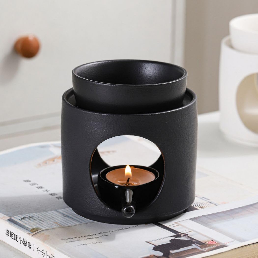 Warmself Hand Made Large Capacity Essential Oil Burner Wax Melt Burners, Aromatherapy Aroma Burner Ceramic Oil Diffuser Candle Tealight Holder Home Bedroom Decor-Black