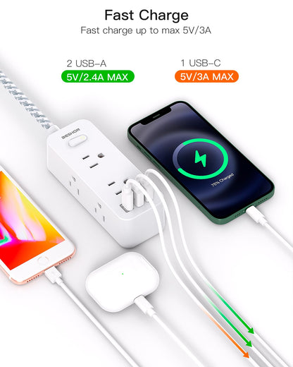Power Strip Surge Protector, BESHON 5Ft Extension Cord, 6 Outlets with 4 USB Ports (2 USB C Outlet), 3-Side Outlet Extender, Wall Mount, Compact for Travel, Home, School, College Dorm Room and Office