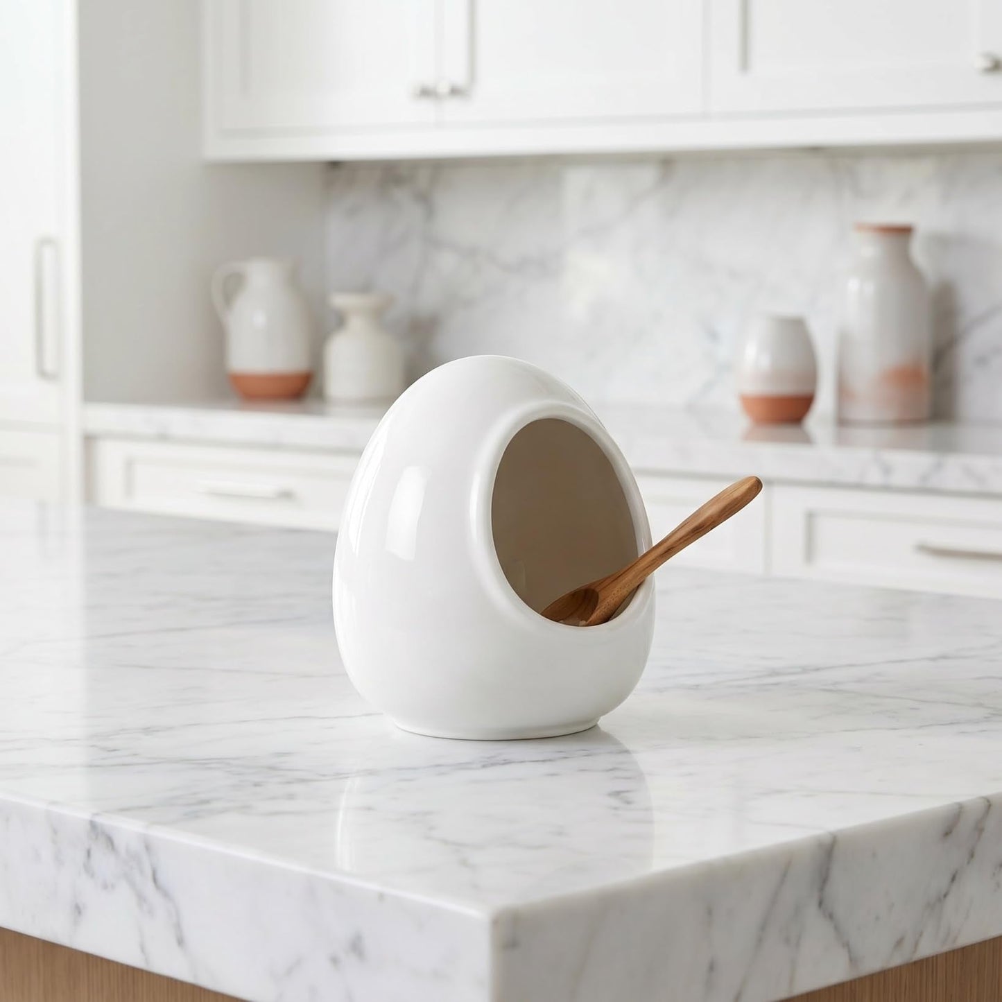 MAGICLULU Salt Pig, 1pc Egg Shaped Salt Cellar Crock, Ceramic Countertop Spices Storage Container, White Condiment Jar For Kitchen, Restaurant Hot Pot Seasoning Server, Chili Oil Sugar Bowl