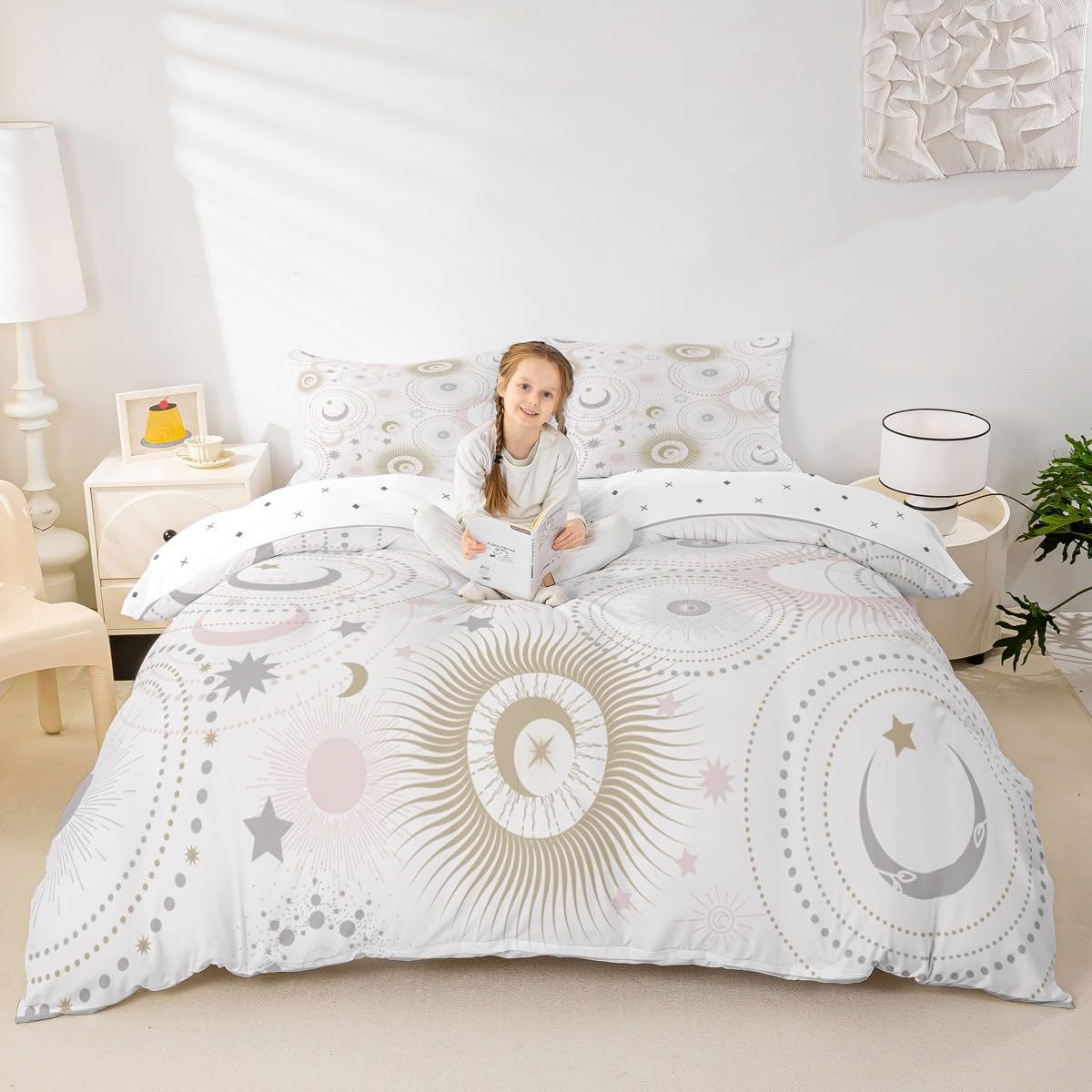 Stars and Moon Kids Duvet Cover Set Full Size,Pink Golden Grey Shiny Planets Comforter Cover with 2 Pillowcases,Romantic Galaxy Universe Bedding Set for Boys Girls Xmas Bedroom (No Comforter)