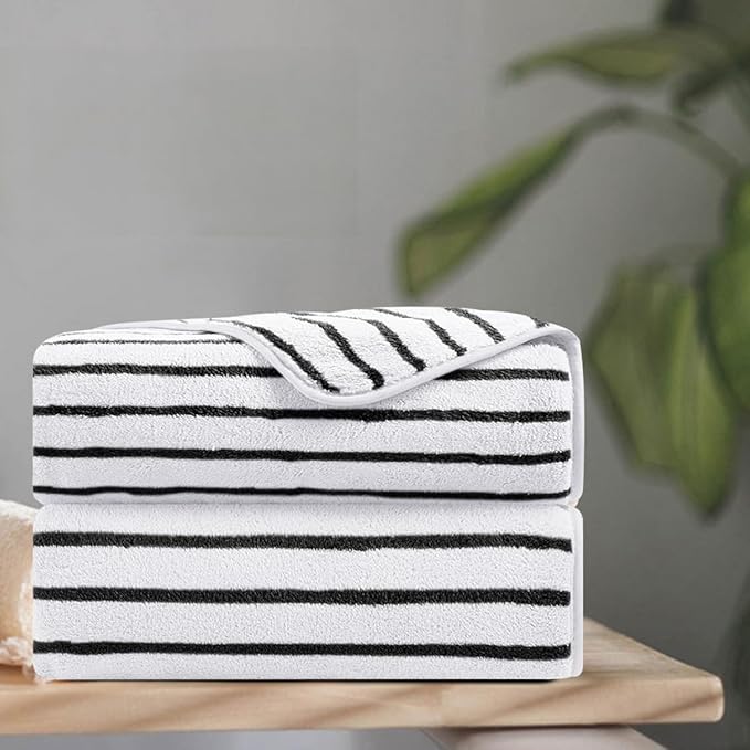 2 Piece Black White Cabana Stripe Hand Towels