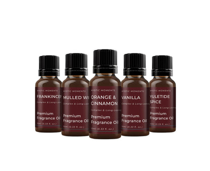 Mystic Moments | Winter Fragrance Oil Gift Starter Pack 5x10ml | Frankincense, Mulled Wine, Orange & Cinnamon, Vanilla, Yuletide Spice | Perfect as a Gift
