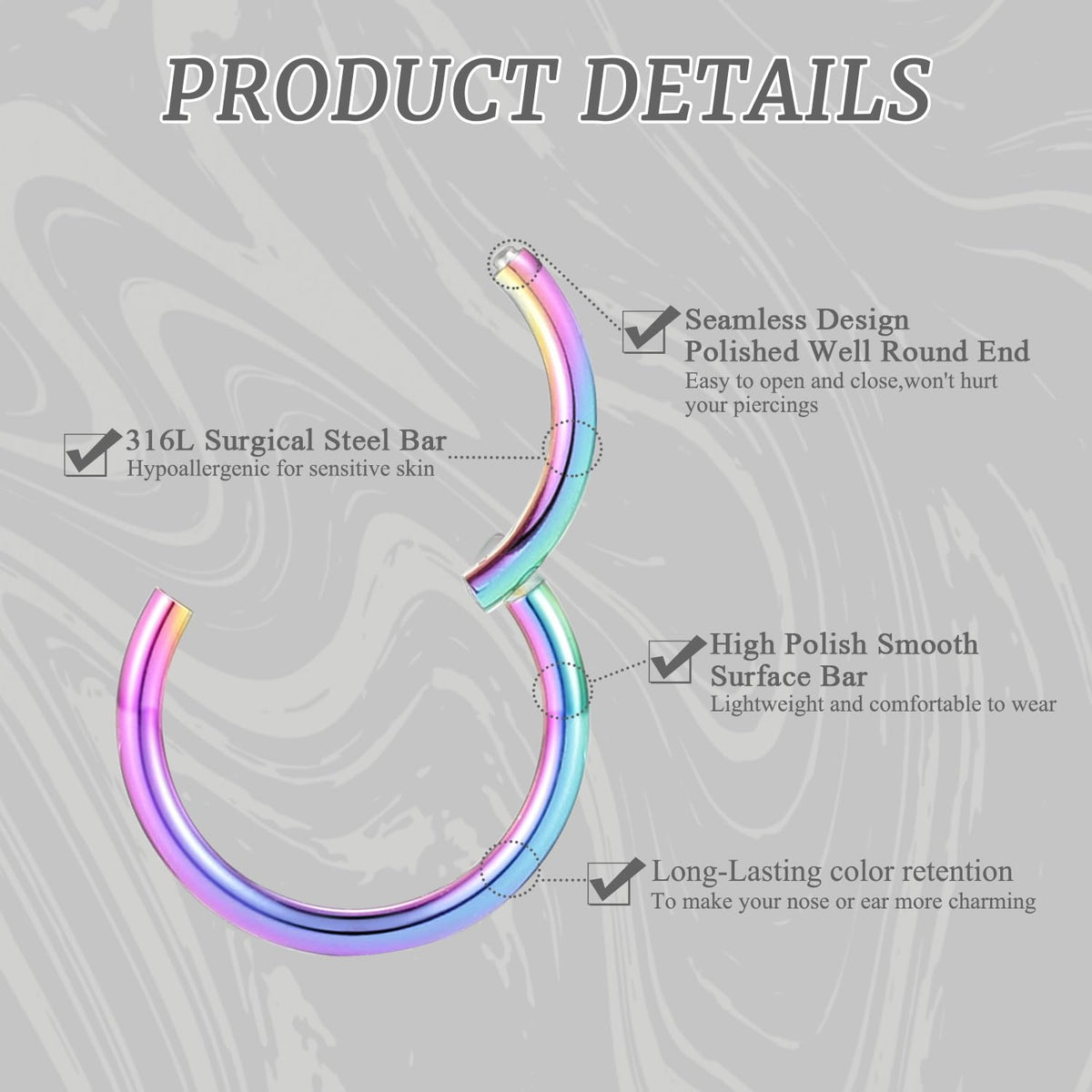 8mm Septum Ring Septum Jewelry Seamless Septum Clicker Nose Rings 18 Gauge Nose Ring Hoop 18g Rainbow Cartilage Earring Lip Rings Nose Hoop Surgical Steel Helix Earrings Nose Piercing Jewelry