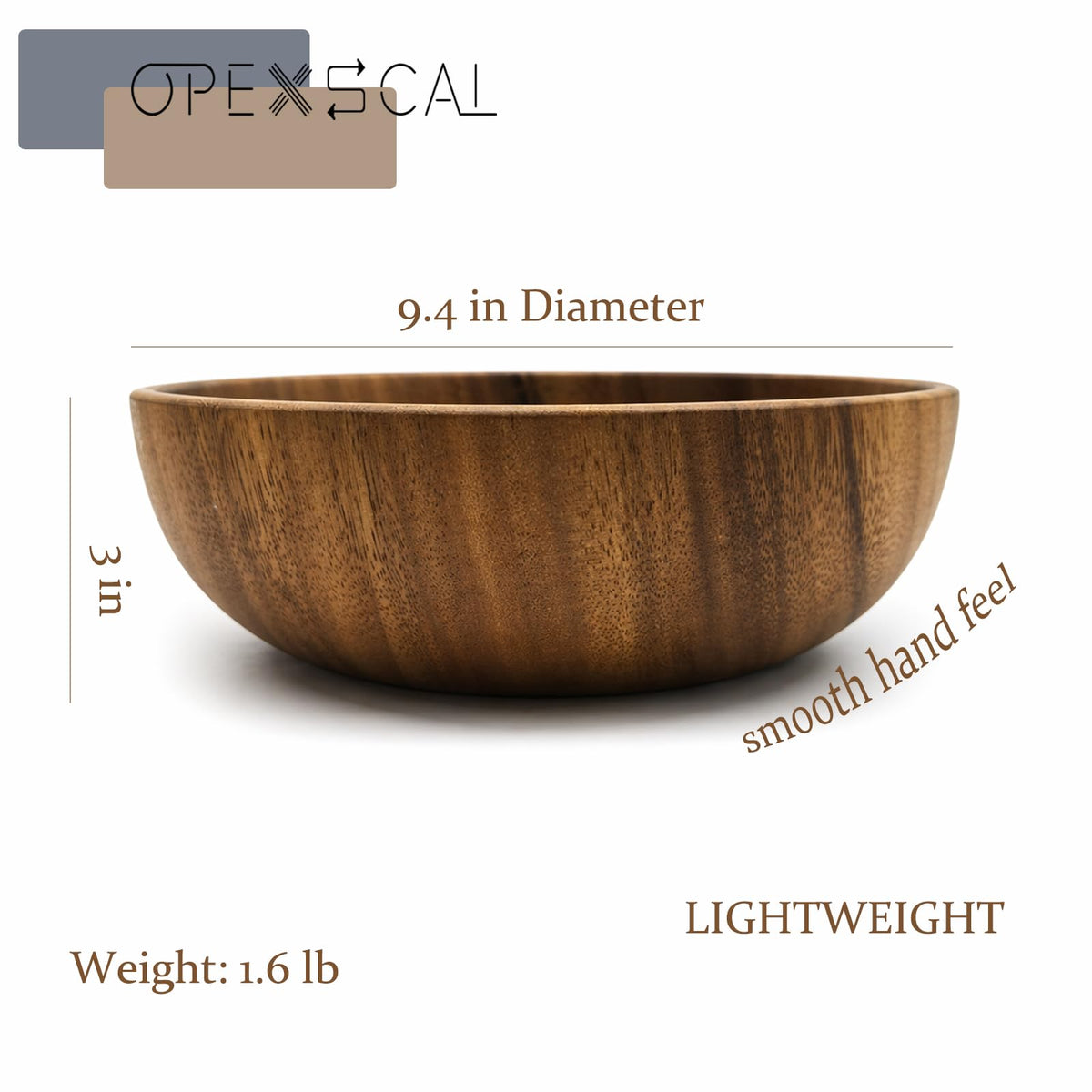Opexscal 9.4 Inch Large Wooden Salad Bowl, Acacia Wood Bowls, Decorative Bowls for Home Decor, Storage, Serving, Yarn, Wooden Fruit Bowl for Kitchen Counter