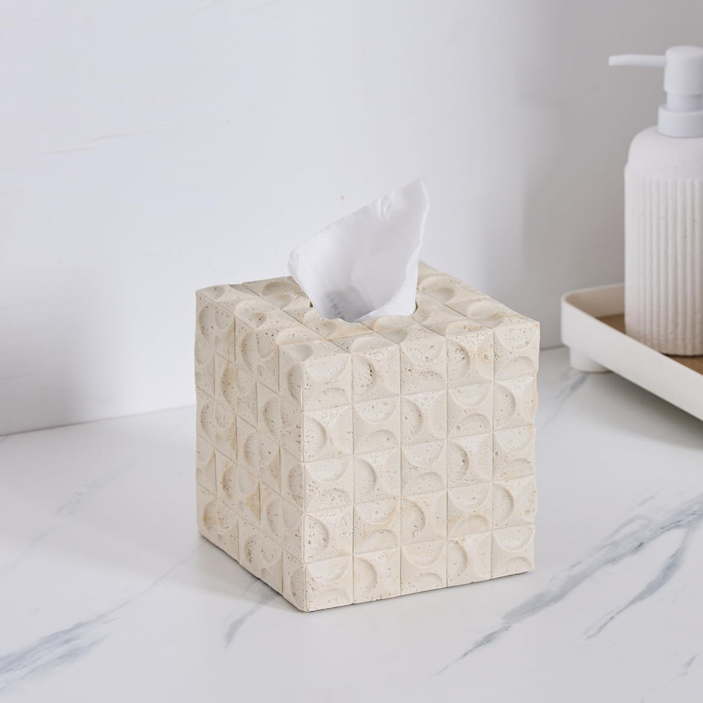 Natural Travertine Textures Tissue Box Cover Square for Home Decor, Relief Sculptured Geometric Cube Resin Heavy Tissue Box Holder for Bathroom Countertop, Tabletop, Night Stand, Office Desk (Beige)