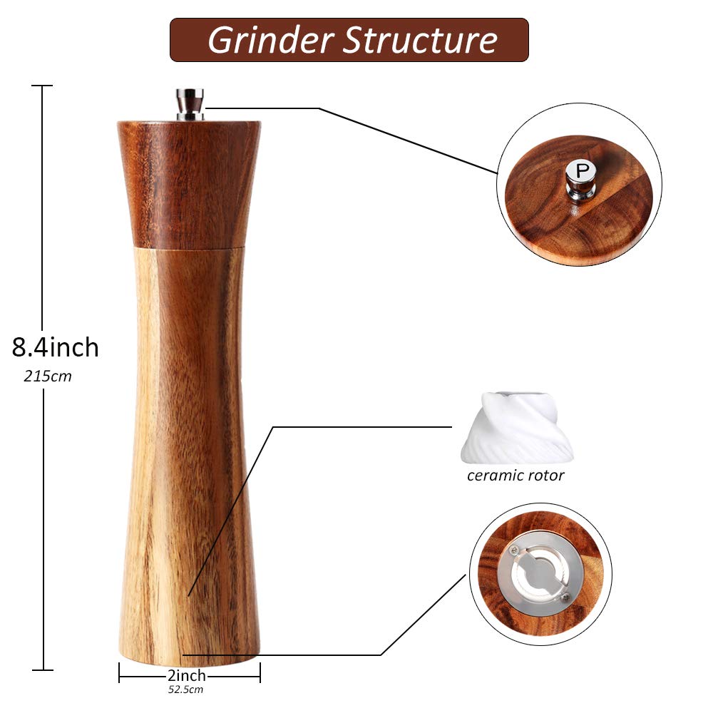 Wooden Salt and Pepper Grinders Set, 8 inch Acacia Wooden Salt and Pepper Mills Shakers Kit Ceramic Rotor with Strong Adjustable Coarseness