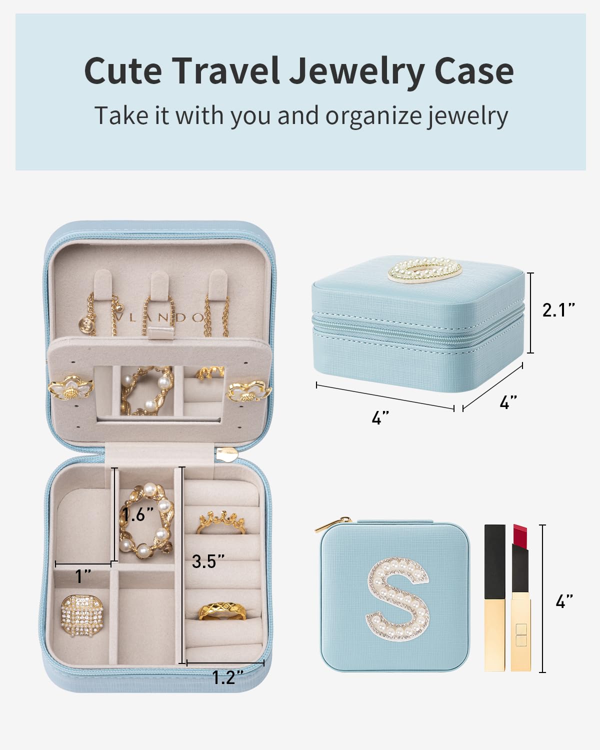 VLANDO Travel Jewelry Box for Girls Women, Initial Jewelry Organizer Box Travel Must Haves Jewelry Case for Girls, Travel Necklace Earrings Ring Box for Daughters, Valentines Gift - Letter S, Blue