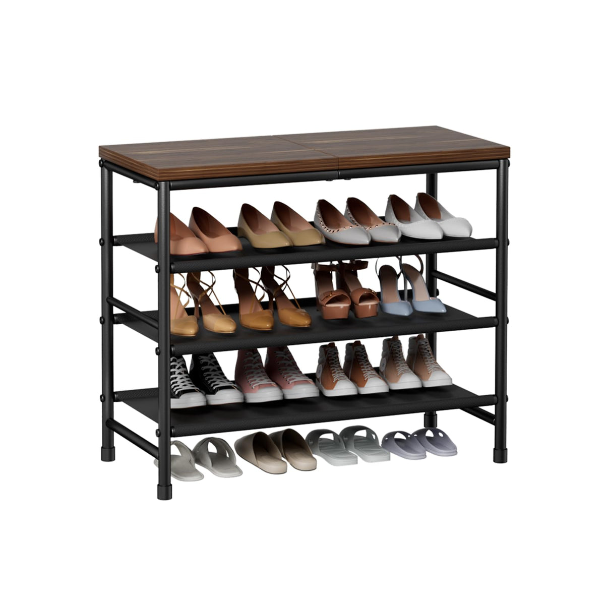 Mavivegue 4-Tier Metal Shoe Rack, Shoe Storage Organizer with Non-Woven Fabrics Shelves and Wooden Top Board, Entryway Shoe Stand for Closet Bedroom Living Room Garage, Black & Rustic Brown