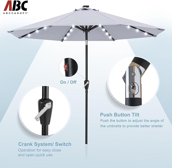 ABCCANOPY Durable Solar Led Patio Umbrellas with 32LED Lights 11FT (Light Gray)