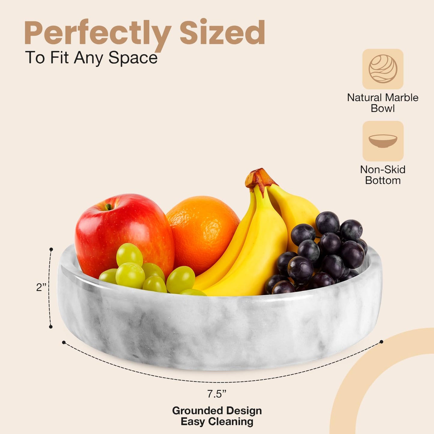 FNTSTICGOODS Marble Decorative Bowl - 7.5" White/Grey Solid Marble Centerpiece - Handmade Stone Fruit Bowl - Catch-All or Key Bowl for Kitchen - Modern Minimalist Decor