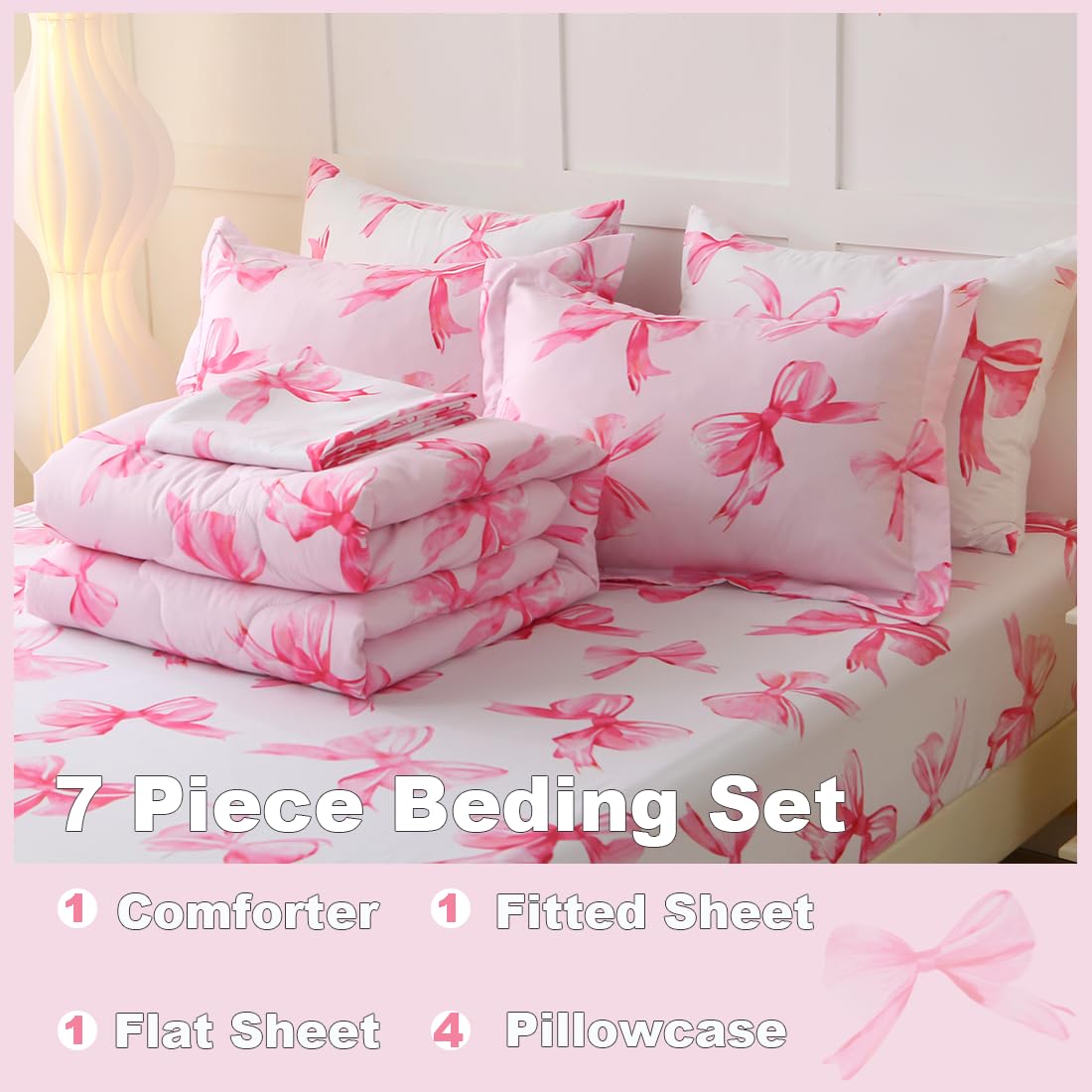 Gusuhome Girls Bow Comforter Bedding Set Twin Size 7 Piece Pink Reversible Bowknot Comforter Set Bed in A Bag for Kids Teens All Season (Comforter,Flat Sheet,Fitted Sheet and Pillow Sham)