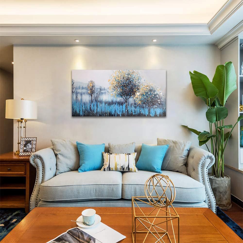 Arjun Tree Wall Art Canvas for Living Room Blue Tree of Life Nature Teal Abstract Textured Painting Picture Modern Panoramic Landscape Artwork Framed Bedroom Home Office Decor, Large Size 40"x20"