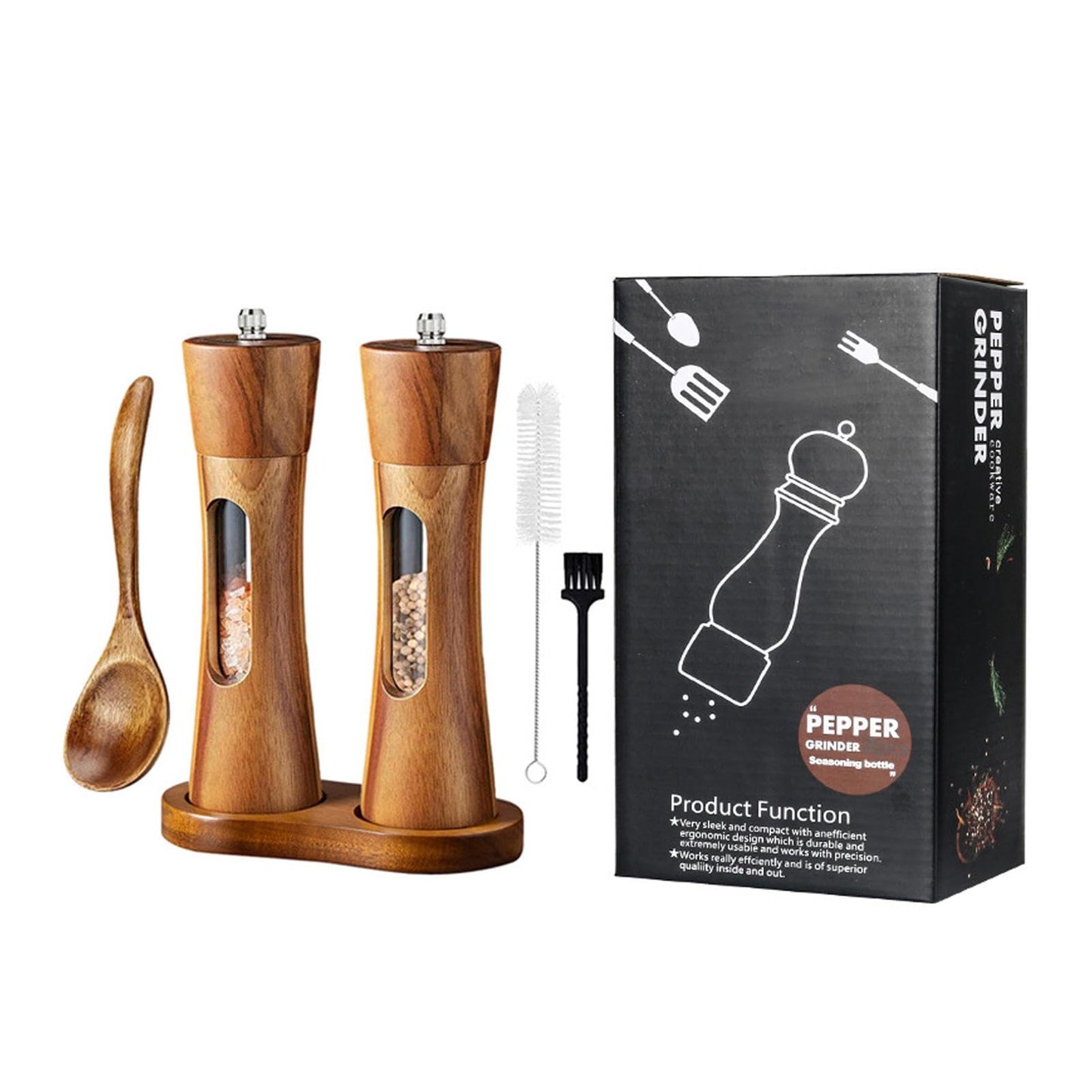 2Pack Wooden Salt and Pepper Grinder Set, 8-Inch Refillable Manual Salt and Pepper Mills with Clear View Window, Wood Shakers with Ceramic Grinder & Wooden Stand, Adjustable Coarseness