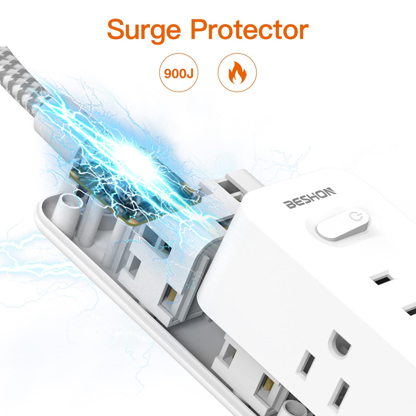 Power Strip Surge Protector, BESHON 5Ft Extension Cord, 6 Outlets with 4 USB Ports (2 USB C Outlet), 3-Side Outlet Extender, Wall Mount, Compact for Travel, Home, School, College Dorm Room and Office