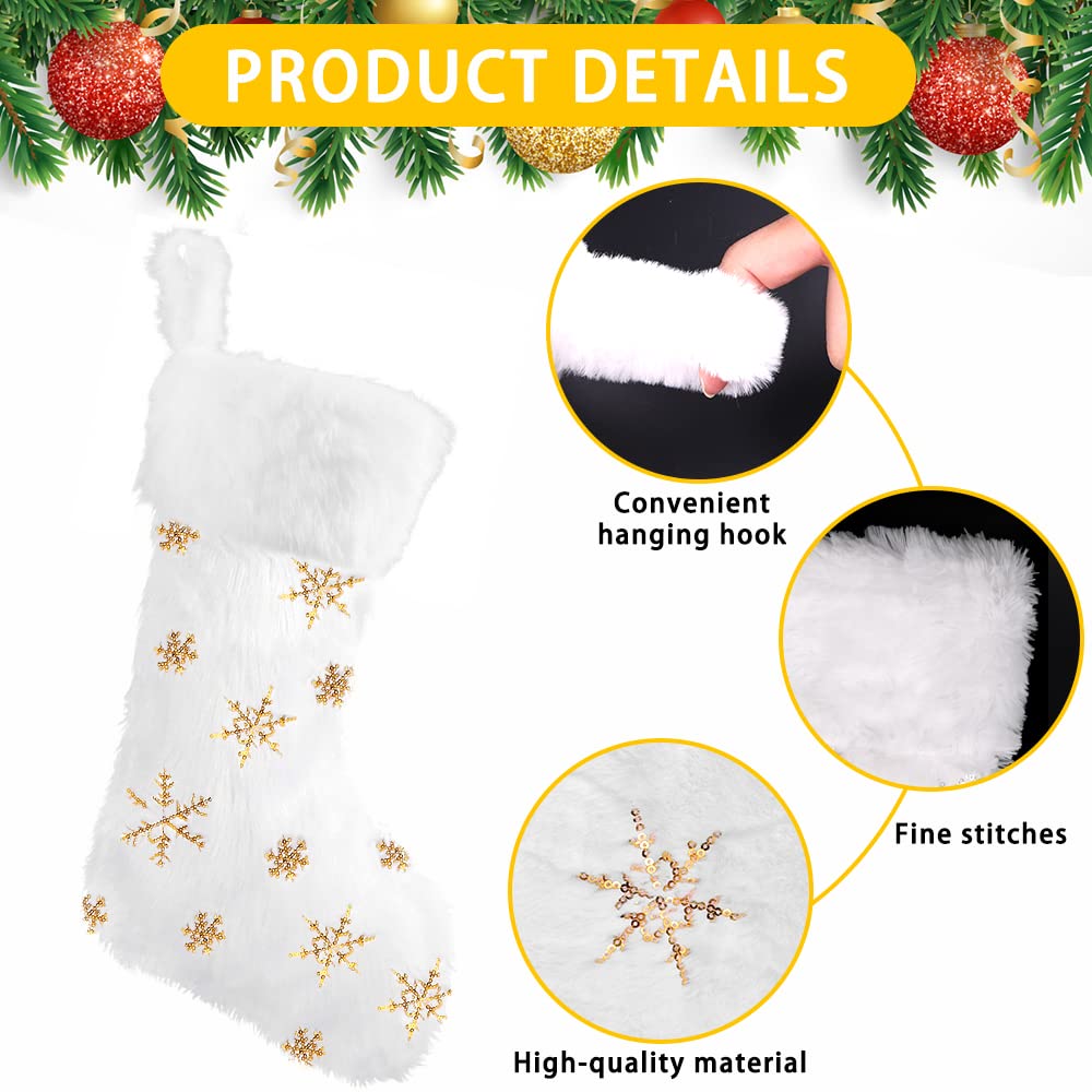 XIMISHOP 4 Pack Christmas Stockings, 18 Inch Large Faux Fur Sequin Snowflake Christmas Stockings，Snowy White Xmas Stockings Hanging Ornaments for Christmas Holiday New Year Decorations