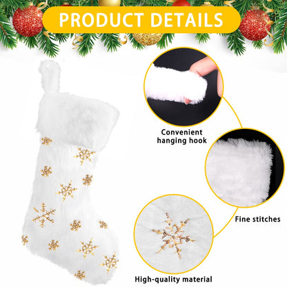 XIMISHOP 4 Pack Christmas Stockings, 18 Inch Large Faux Fur Sequin Snowflake Christmas Stockings，Snowy White Xmas Stockings Hanging Ornaments for Christmas Holiday New Year Decorations