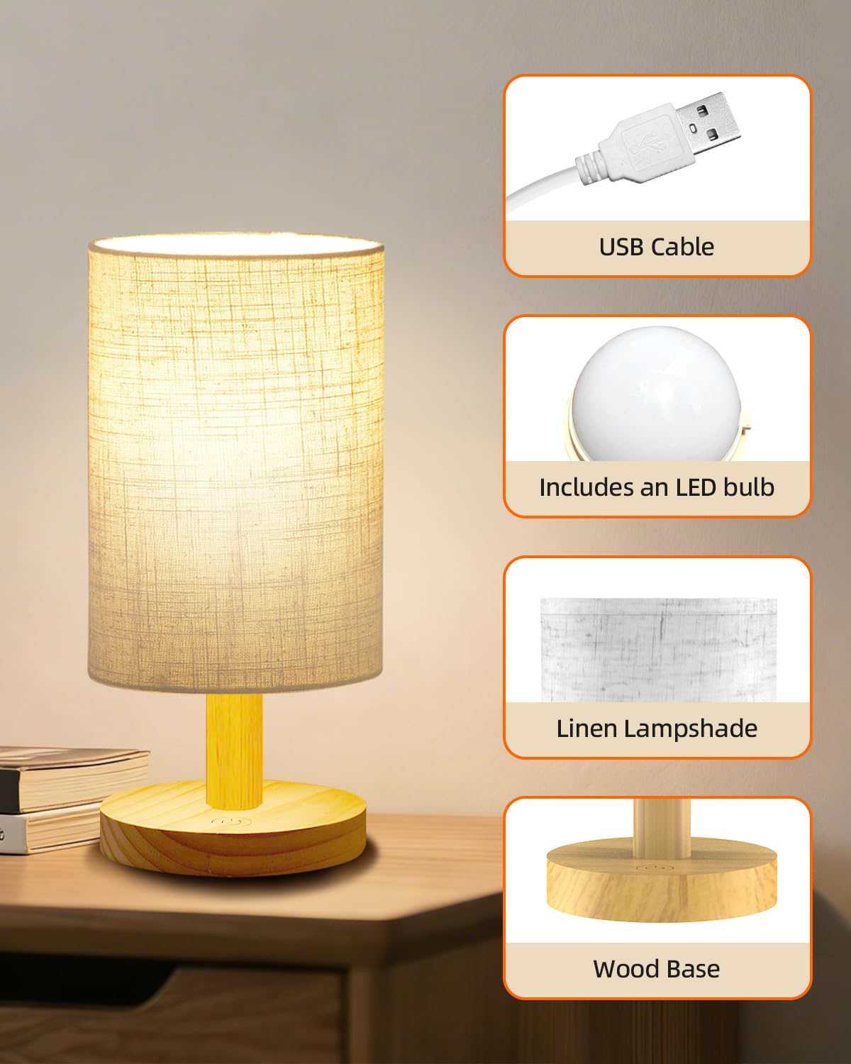 pickrelax Small Touch Table Lamp for Bedroom, Bedside Lamp for Warm Light LED Desk Lamp, Wood Base Round Flaxen Fabric Shade for Kids Room, Living Room, College Dorm, Home, Office