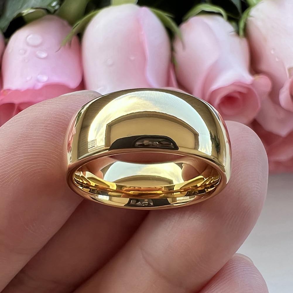 TUTISS 8mm Gold Tungsten Rings for Men Women Engagement Wedding Bands Domed Polished Comfort Fit Size 9