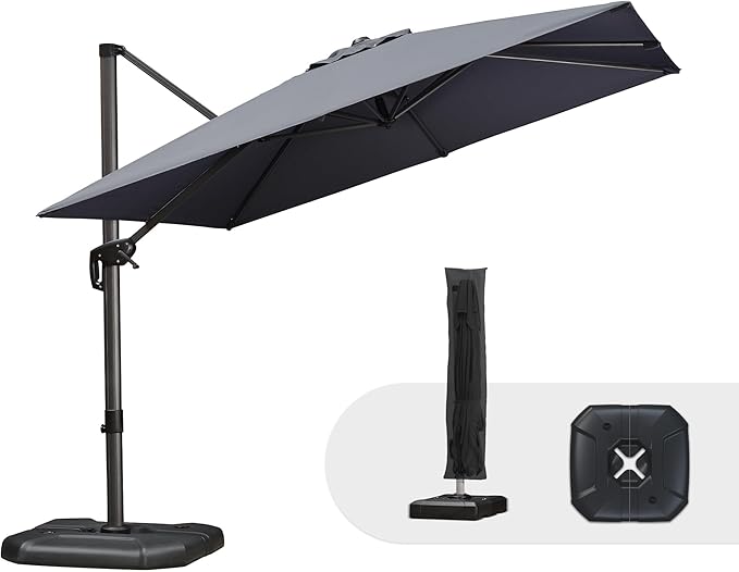 PURPLE LEAF 9'×9' Patio Umbrella with Base Outdoor Cantilever Umbrella with Cover Aluminum Square Offset Umbrella with 360-degree Rotation for Deck Pool Garden Grey