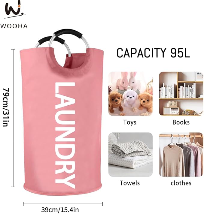 WOOHA 95L Large laundry basket, Collapsible laundry hamper, Tall Clothes