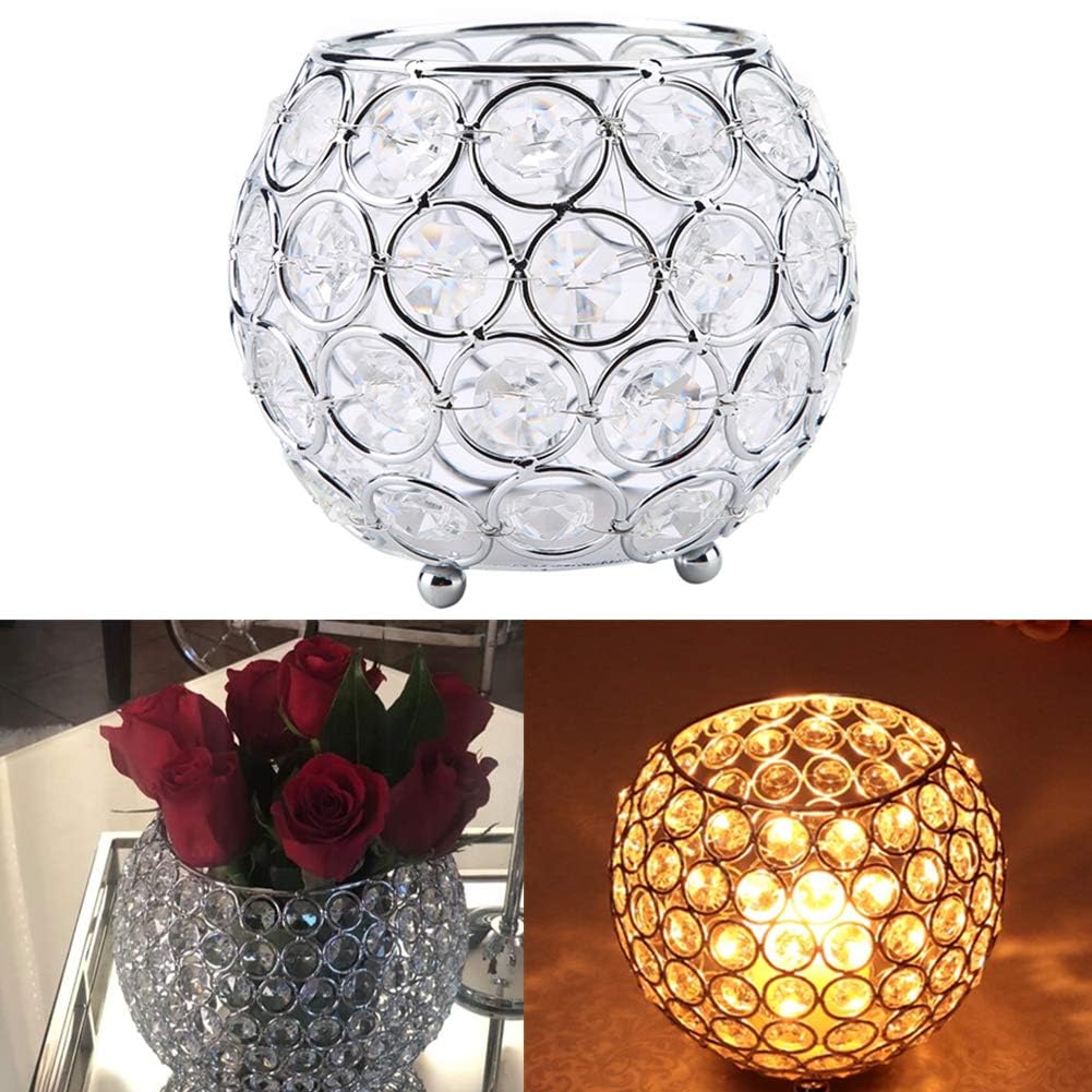 Crystal Candle Holder Votive Tealight Candle Holders for Wedding Home Table Decor 10x10x9cm/ 3.9x3.9x3.5in (Silver)