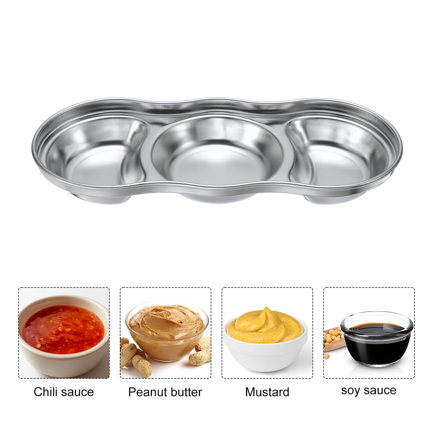 uxcell 6 Pack Stainless Steel Dish Dipping Bowls with 3 Round Compartment Divided, Metal Seasoning Plate Dipping Bowl for Condiment Home Party Restaurant Picnic Travel, Silver
