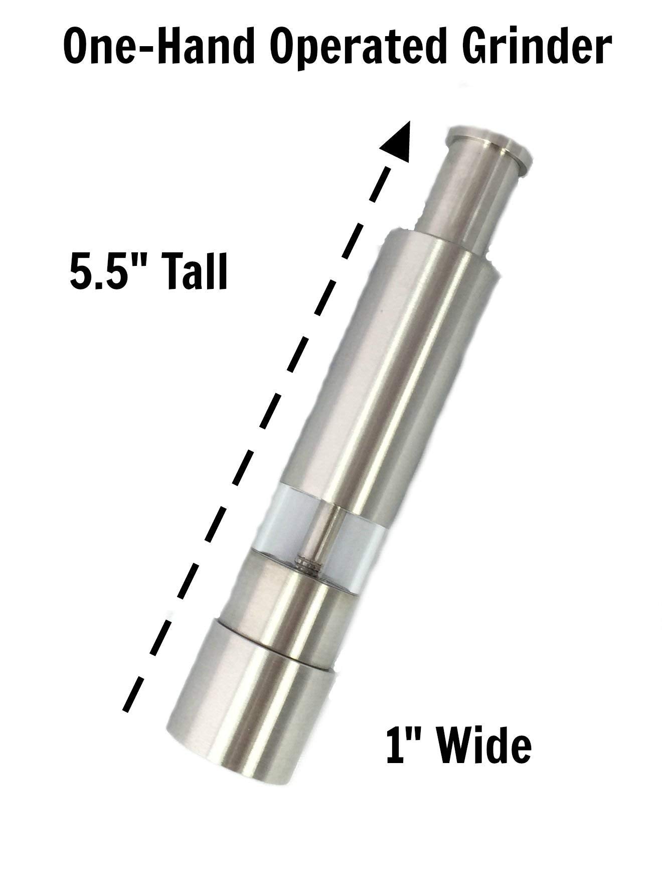 Grind Gourmet Salt and Pepper Grinder Set, Original Pump & Grind Peppermill are Refillable, Modern Thumb Press Grinder, Works With Black Pepper, Sea Salt, Himalayan Salts, Stand Included