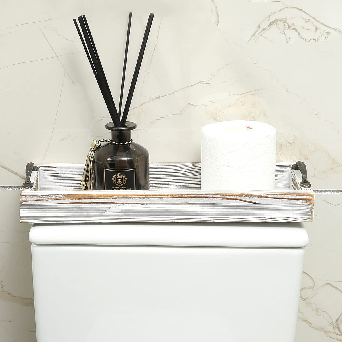 MyGift Weathered White Solid Wood Toilet Tank Tray, 16 Inch Rectangular Bathroom Vanity Tray with Aged Bronze Metal Handles