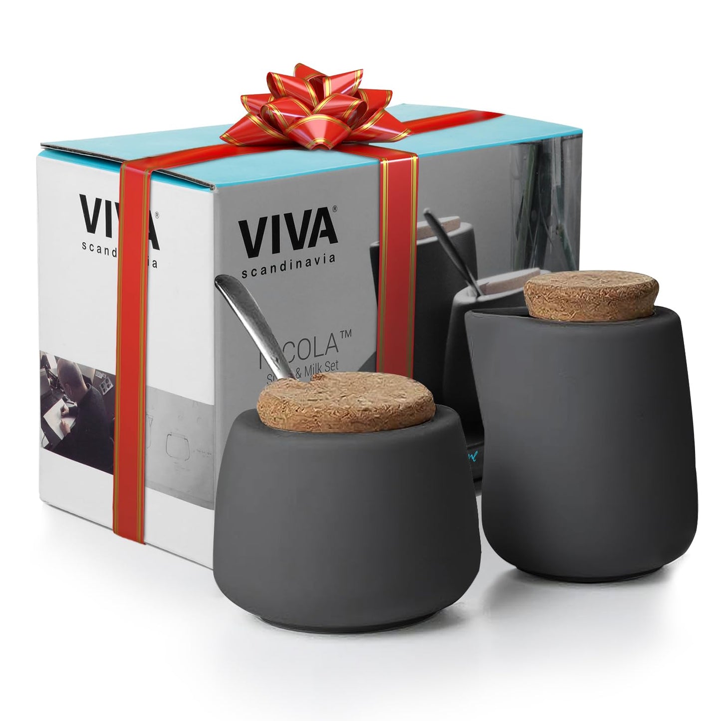 VIVA Nicola Charcoal Sugar and Creamer Set, Porcelain Cream and Sugar Set with Cork Lid & Spoon, 7oz / 200ml Coffee Serving Set for Coffee Bar, Tea Station & Countertop