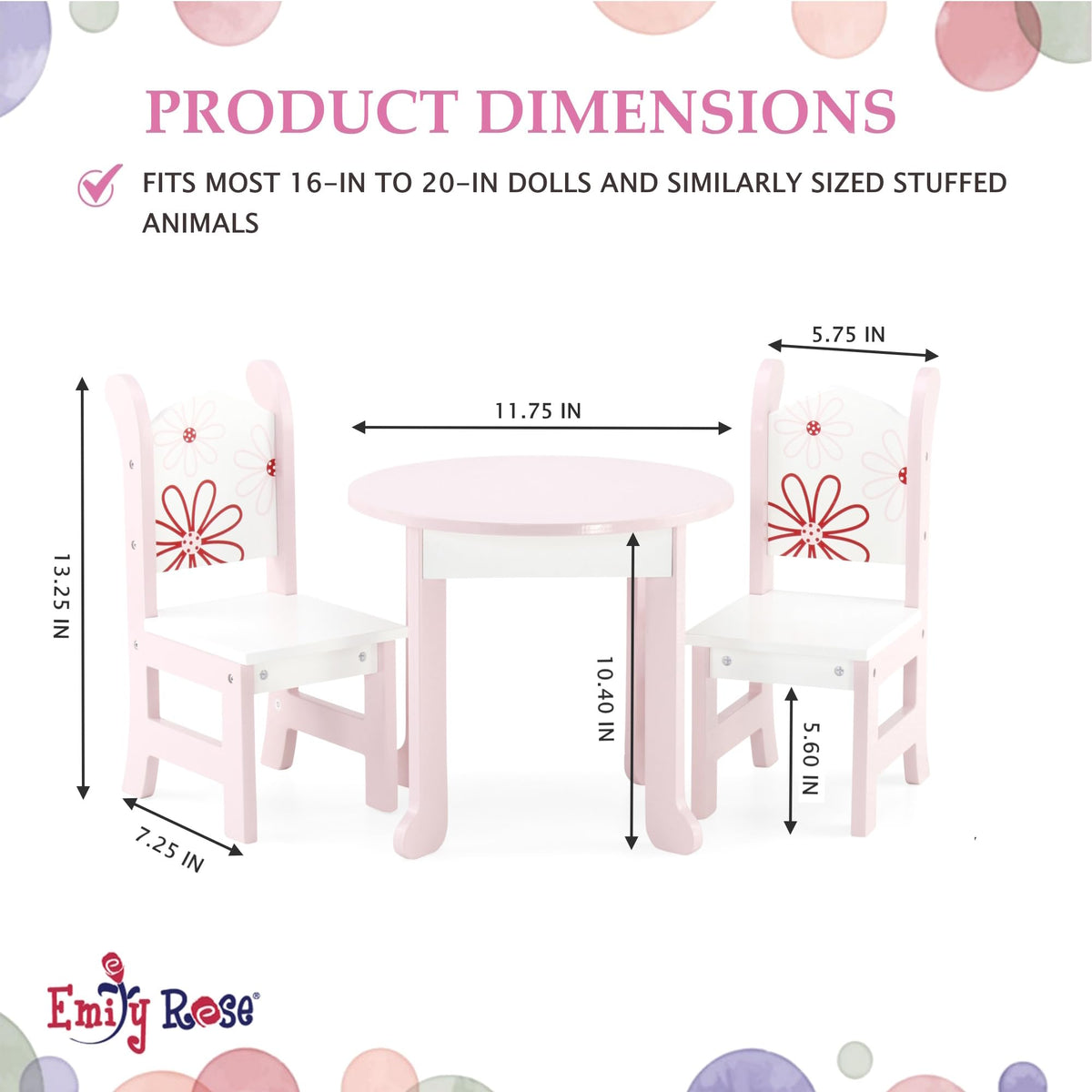 Emily Rose 18 Inch Doll Dining Table and 2 Chairs Set - Floral Collection