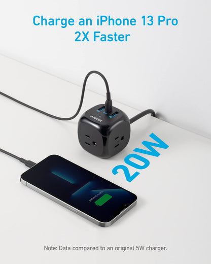 Anker 20W USB C Power Strip, 321 Power Strip with 3 Outlets and USB C Charging for iPhone 15/15 Plus/15 Pro/15 Pro Max, 5 ft Extension Cord, Power Delivery Charging for Dorm Rooms,Home Office