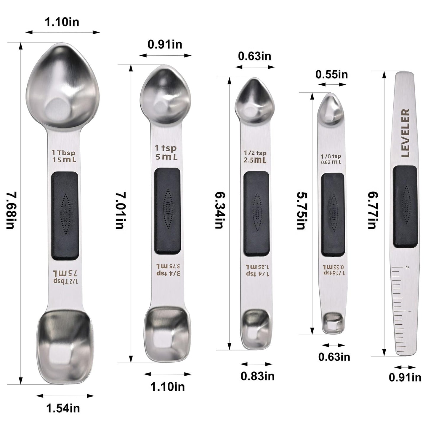 Mafier Magnetic Measuring Spoons,Stainless Steel Dual Sided Tablespoons,Extra Long Handle for Deep Jars,Heart-Shaped&Square Heads that More Easier to Excavate,Laser Markings,Non-Slip Grip(set of 5)