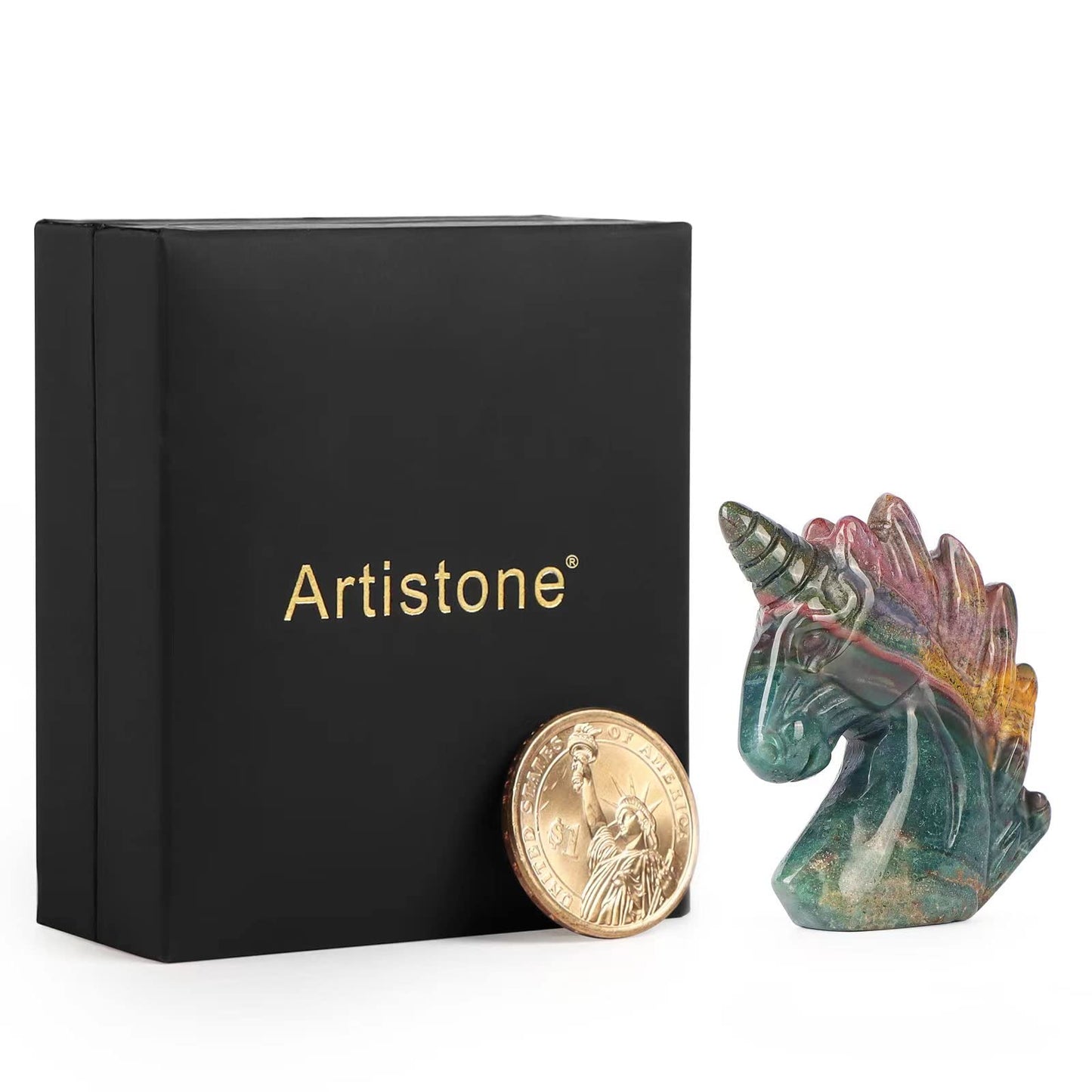 Artistone 2" Unicorn Crystal Gemstone Statue Figurine Sculpture Collection Hand Carved Reiki Healing Crystal Stone(Ocean Jasper)