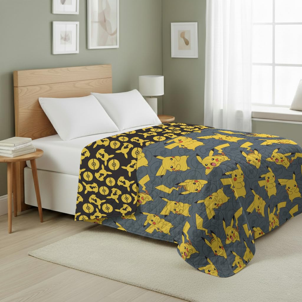 Northwest Pokemon Company Reversible Twin Quilted Blanket - Pikachu & Pokeball Pattern for Anime Fans, Cozy Blanket for Bed, Game Room or Couch, 60x90 inches