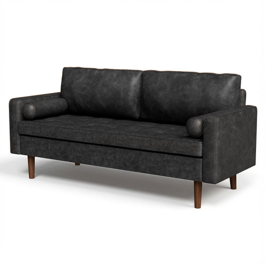 Meeyar 70" Mid-Century Modern Sofa Couch – Faux Leather Loveseat Sofa with Deep Seat & Solid Wood Frame – Includes 2 Accent Pillows – Black Living Room Bedroom Office (Black, 70 inches)