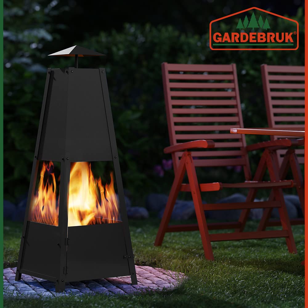 GARDEBRUK® Pyramid Fire Pit | Smoke Outlet | Garden Patio Heater with Lockable Door | Firm Stand | Wood Charcoal Fire Basket Chimenea with Poker | 102cm / 40' | 5kg | Black