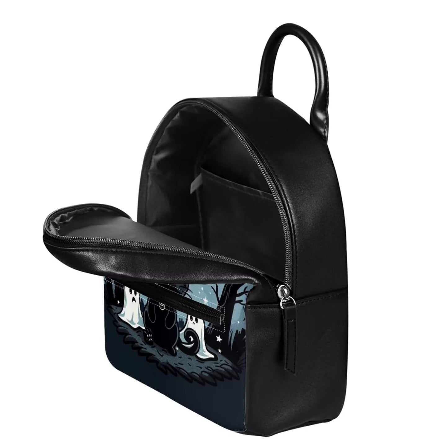 Showudesigns Halloween Backpack Purse for Women Mini Backpacks Black Cat Pu Leather Zipper Closure Shoulder Bags Casual Tote Bag Lightweight Tote Bag Daypack Rucksack Cute Ghost Handbag