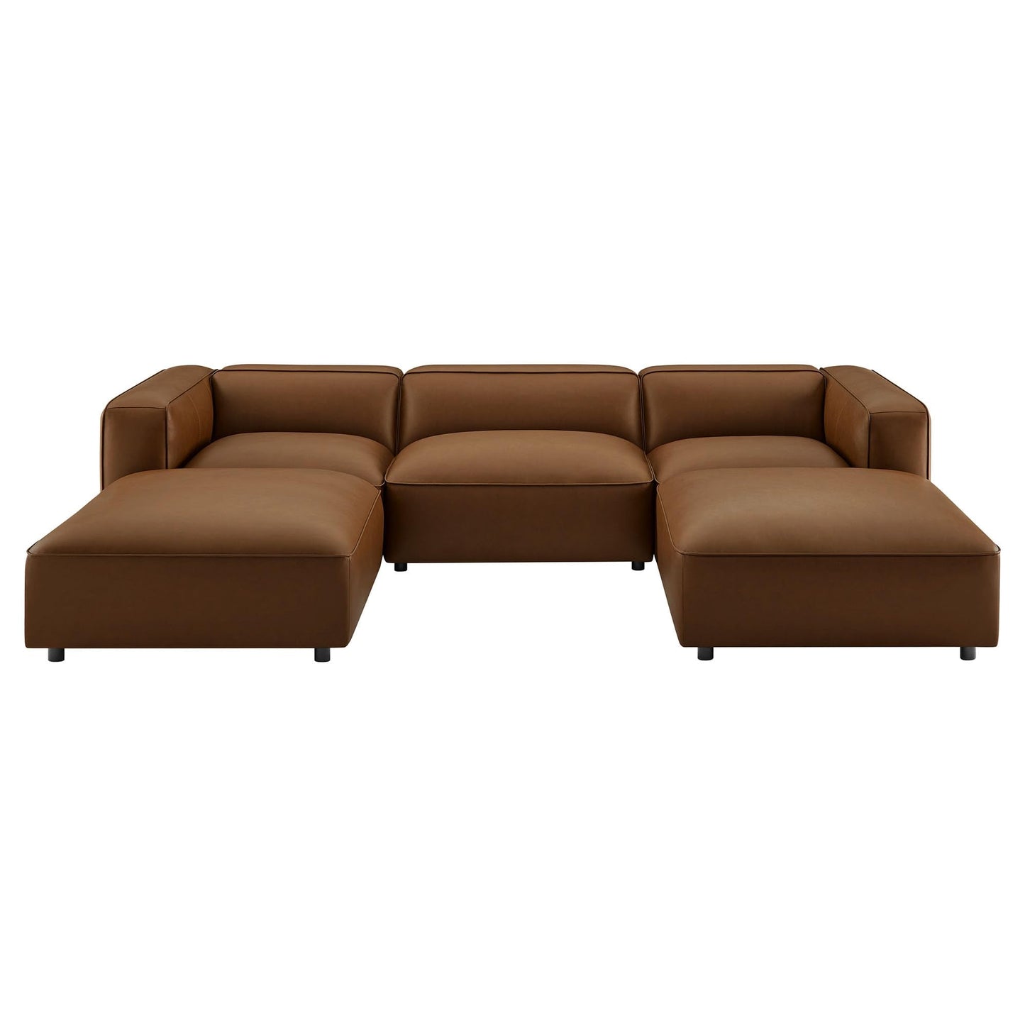 Modway Auren Vegan Leather 5 Piece Modular U-Shaped Sofa in Coffee - Faux Leather Sectional - Comfy PU Leather Sofa - Oversized Mid Century Modern Couch for Living Room or Apartment