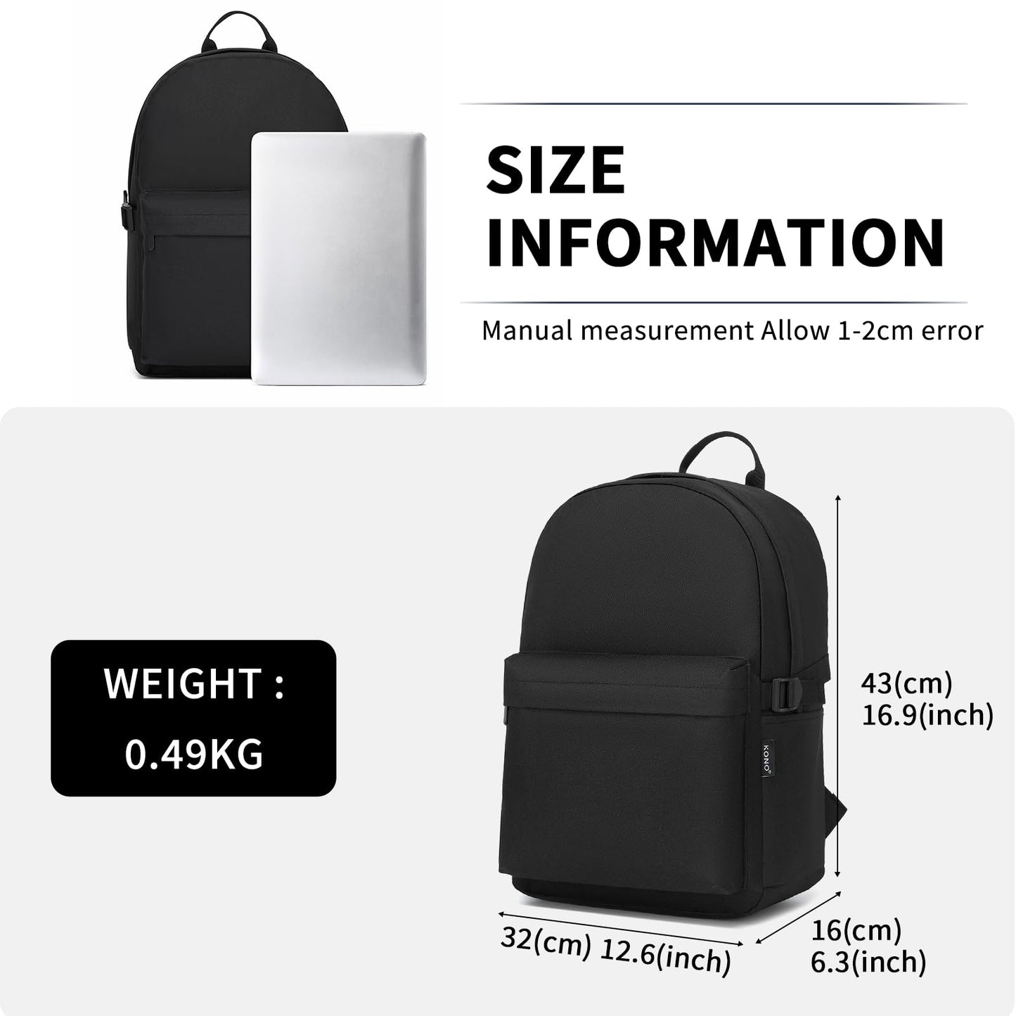 Kono School Backpack Casual Daypack School Bags for Girls Boys Bookbag Lightweight Travel Rucksack Work Bag for Men Women (Black)