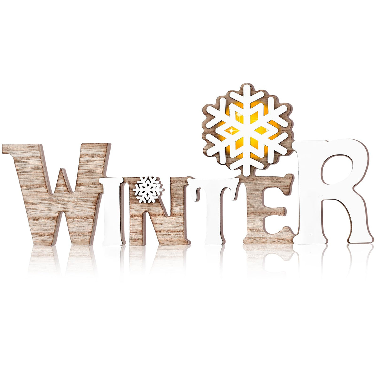 Geetery White Winter LED Wooden Sign Rustic Wooden Words Sign Tabletop Centerpiece Decor Snowflake Decorations for Winter Christmas Table Home Indoor Party