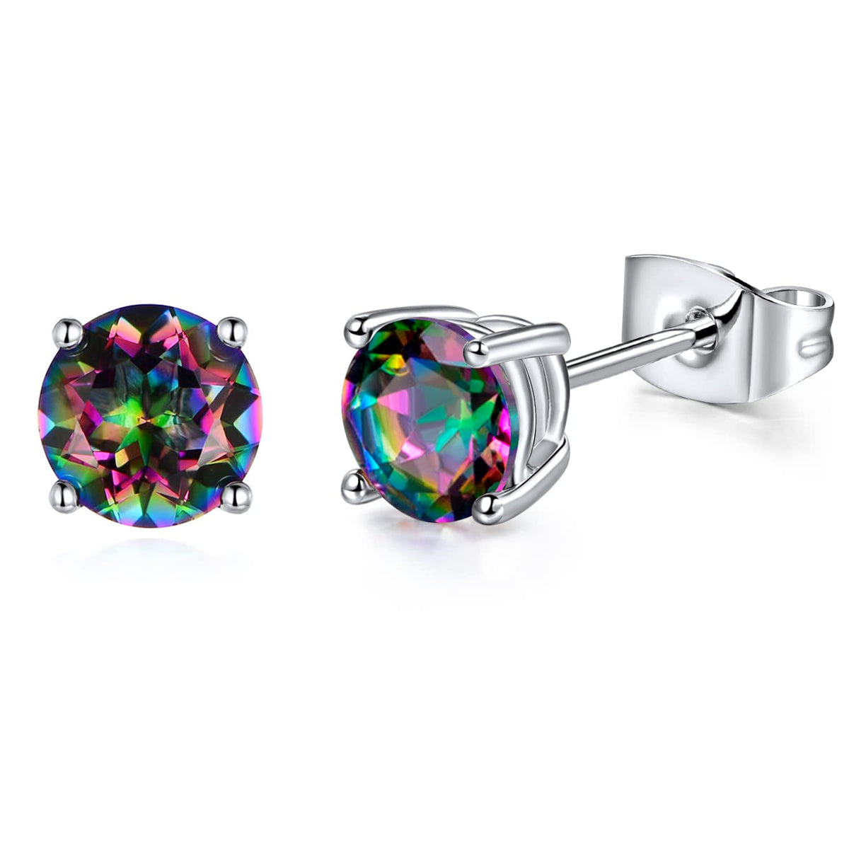Created Rainbow Quartz Mystic Topaz 4mm Round Small Studs Ear Piercings Earrings 18K White Gold Plated CZ Stud Earingings Women Mens