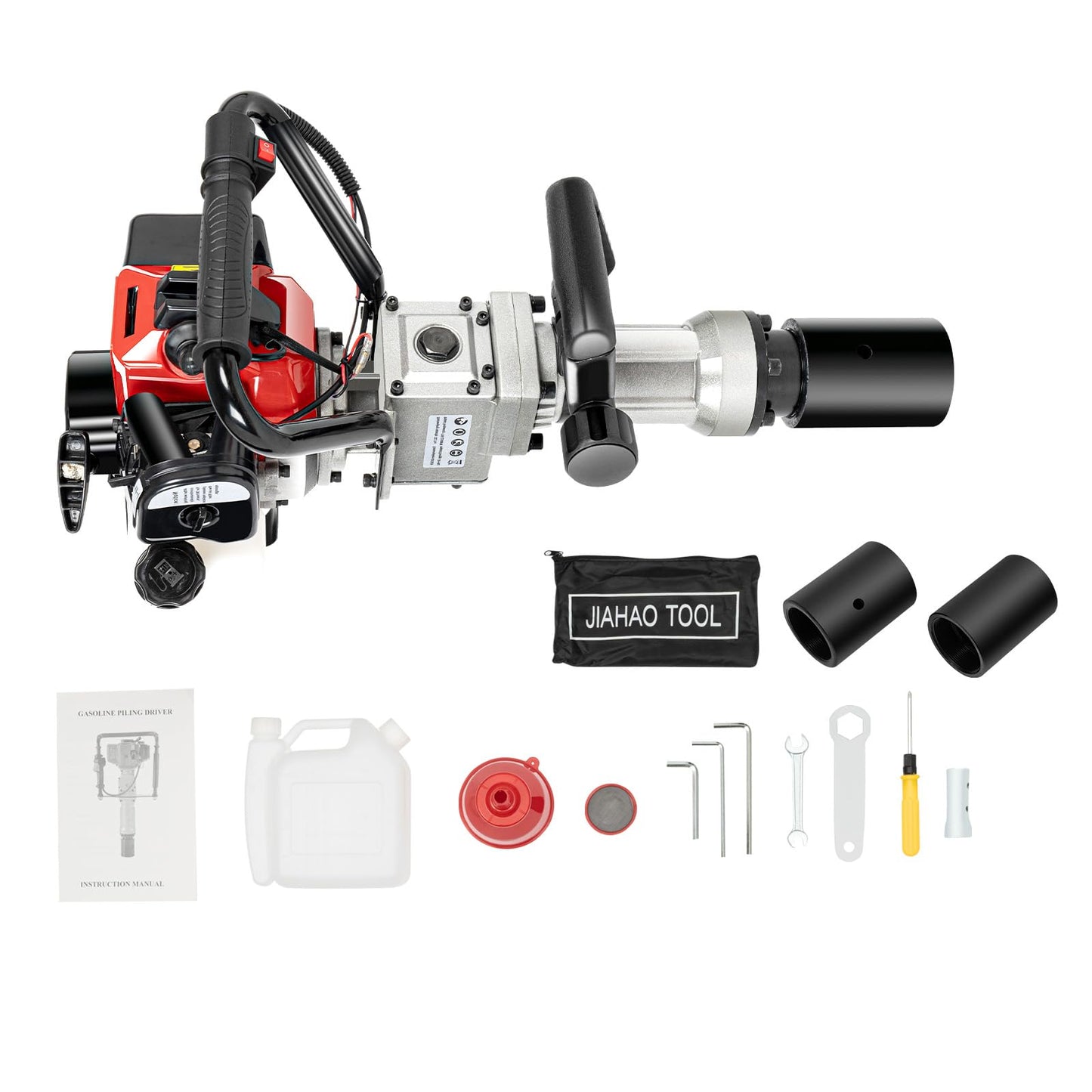 Gas Powered T Post Driver 2 Stroke 32.6CC 1.2HP Gas Post Pounder Pile Driver Heavy Duty Single Cylinder Air Cooled Fence Post Driver Hammer with 2 Piling Heads