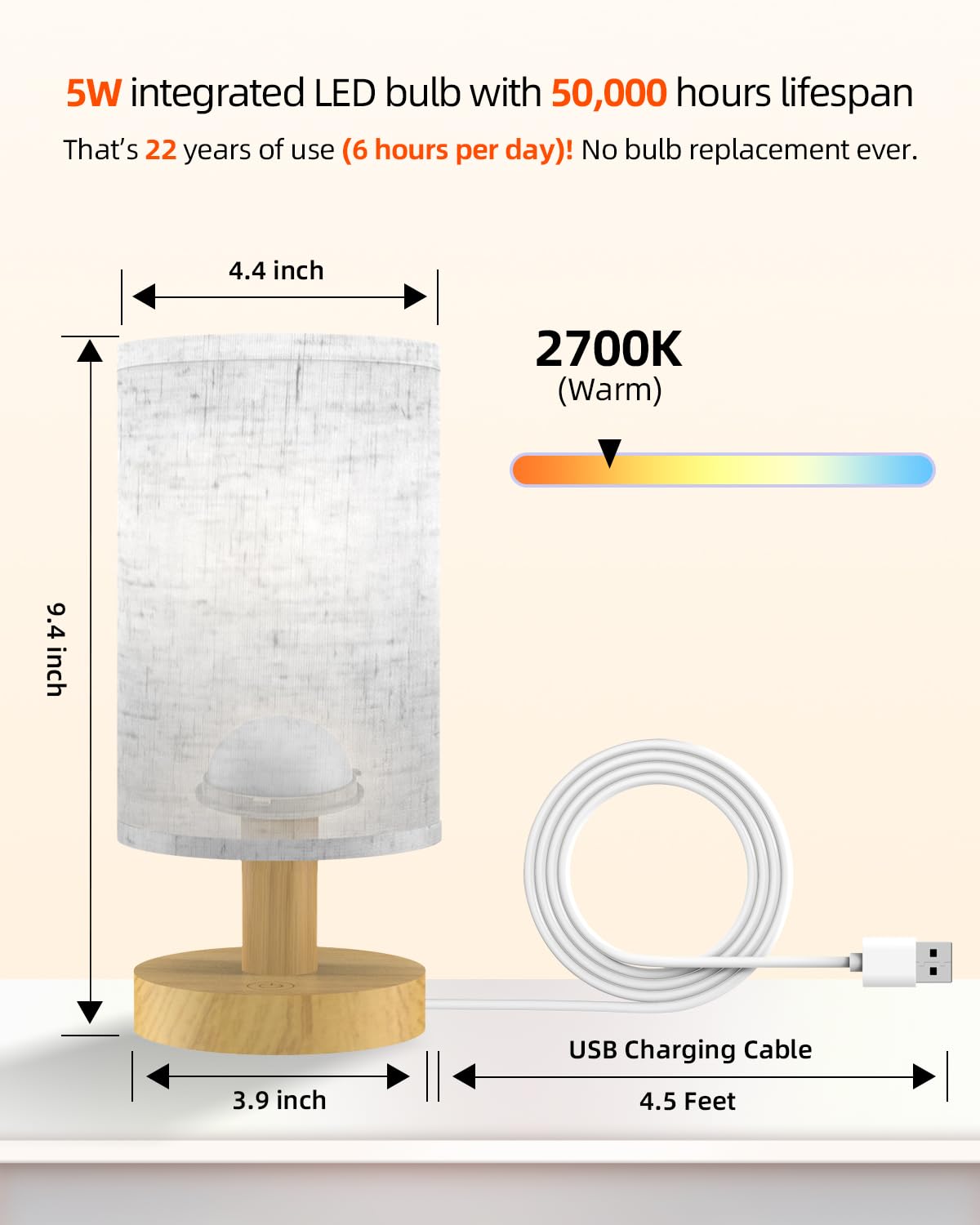 pickrelax Small Touch Table Lamp for Bedroom, Bedside Lamp for Warm Light LED Desk Lamp, Wood Base Round Flaxen Fabric Shade for Kids Room, Living Room, College Dorm, Home, Office