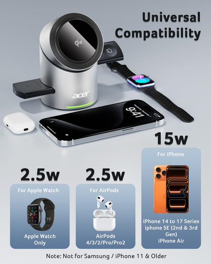 Acer Prime 3 in 1 Charging Station for Apple - Magnetic iPhone Wireless Charging Station, Magsafe Charger Stand for iPhone 17 16 15 14 13 12 - Apple Watch - Airpods Series (Charger & USB-C Included)
