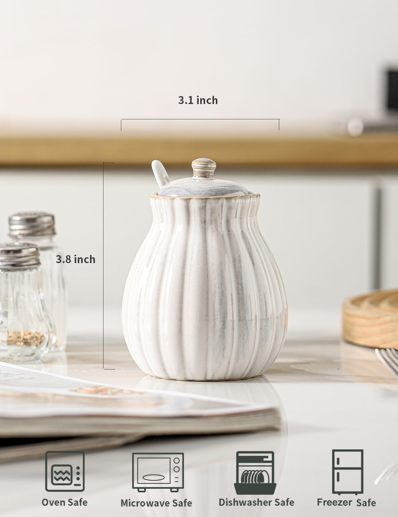 Seyatoo Sugar Bowl with Lid and Spoon, Ceramic Sugar Container for Coffee Bar, Sugar Jar Holder Sugar Dispenser Bowl for Sea Salt, Spice and Sugar, Glazed White
