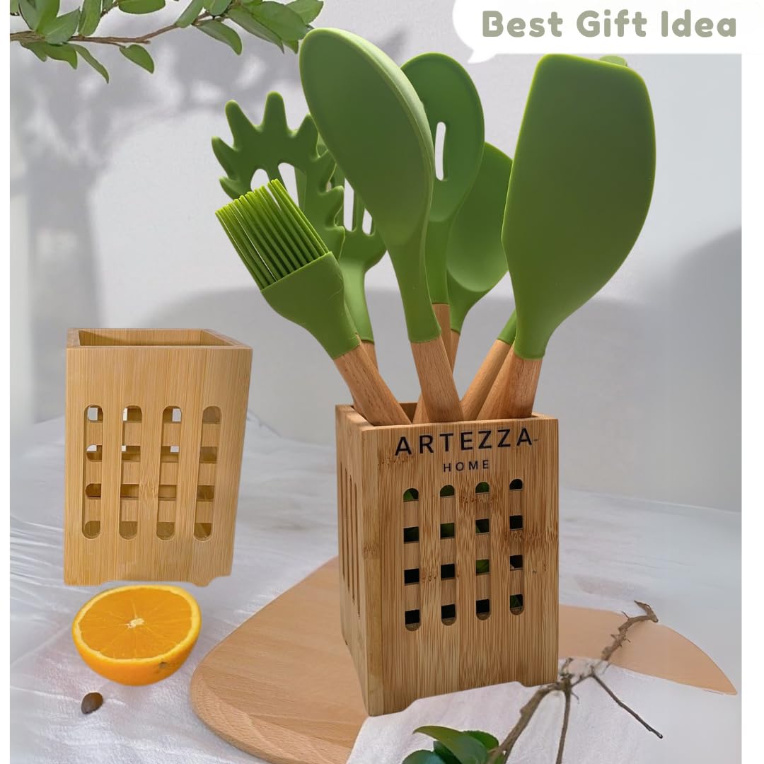 Green Silicone Kitchen Utensil Set – 10-Piece Cooking Tools with Wooden Handles & Ventilated Bamboo Holder, Heat-Resistant Silicone, Nonstick Safe, BPA-Free Kitchen Gadgets Set – Sage Green