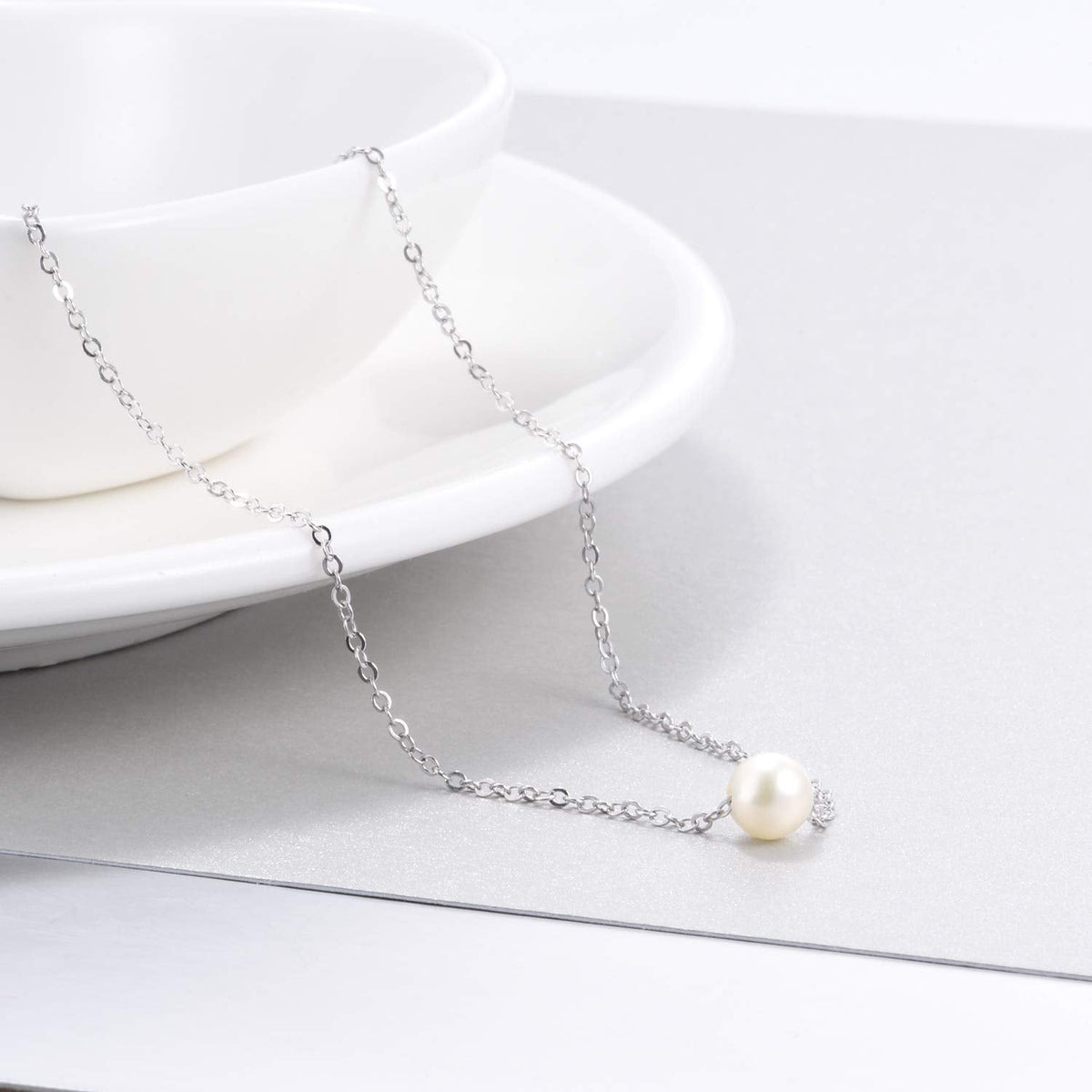 POPLYKE AAAA Single Pearl Choker Sterling Silver Necklace for Women 7-8mm Freshwater Cultured Pearls Wedding Bridesmaids Anniversary 14 16 18 inch (silver-single pearl necklace 14‘’)