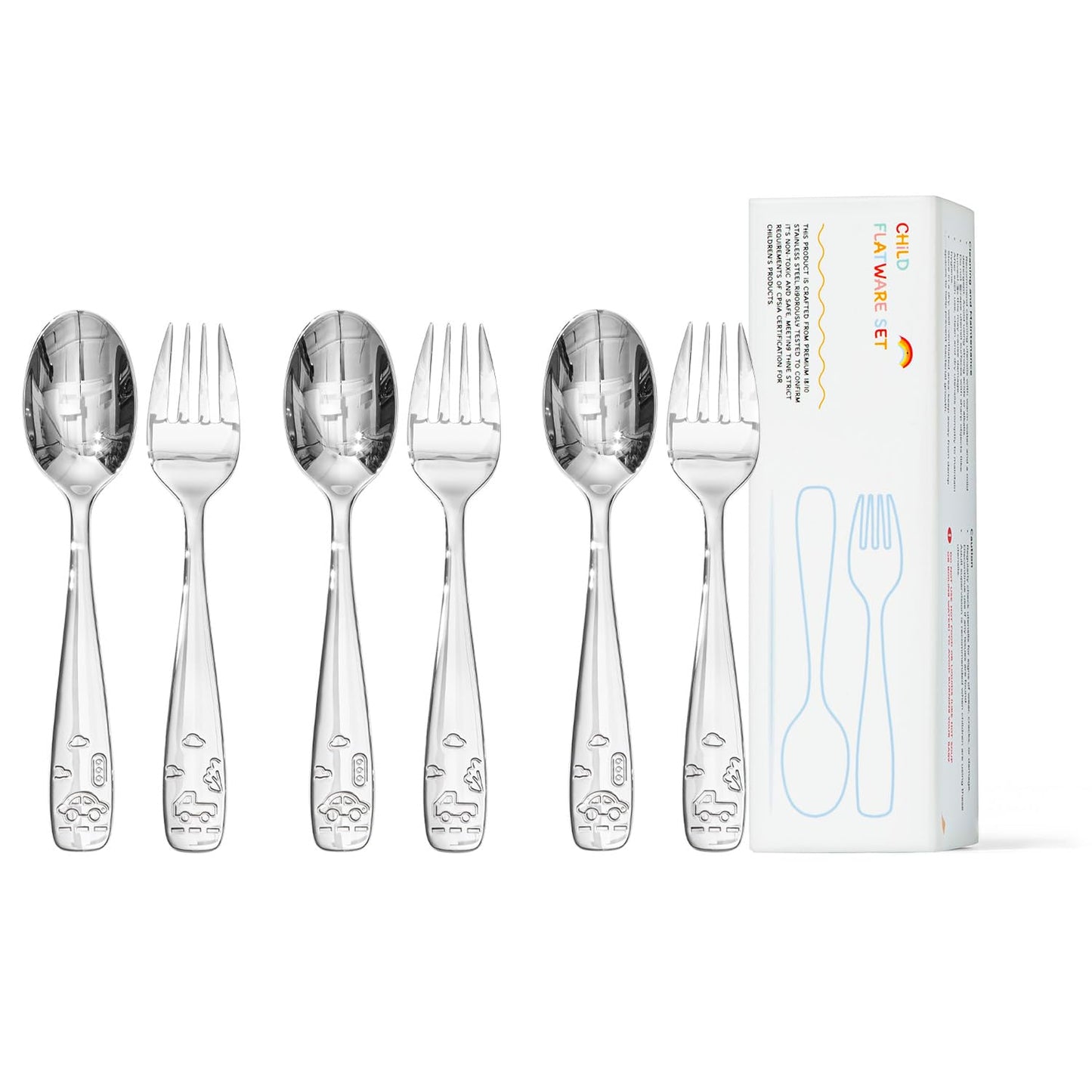 KINGSTONE 6 Pieces Toddler Utensils Set, 18/10 Stainless Steel Kids Silverware, 3 Forks & 3 Spoons, Food-Grade, Cute Car Design, Dishwasher Safe for Children Self-Feeding