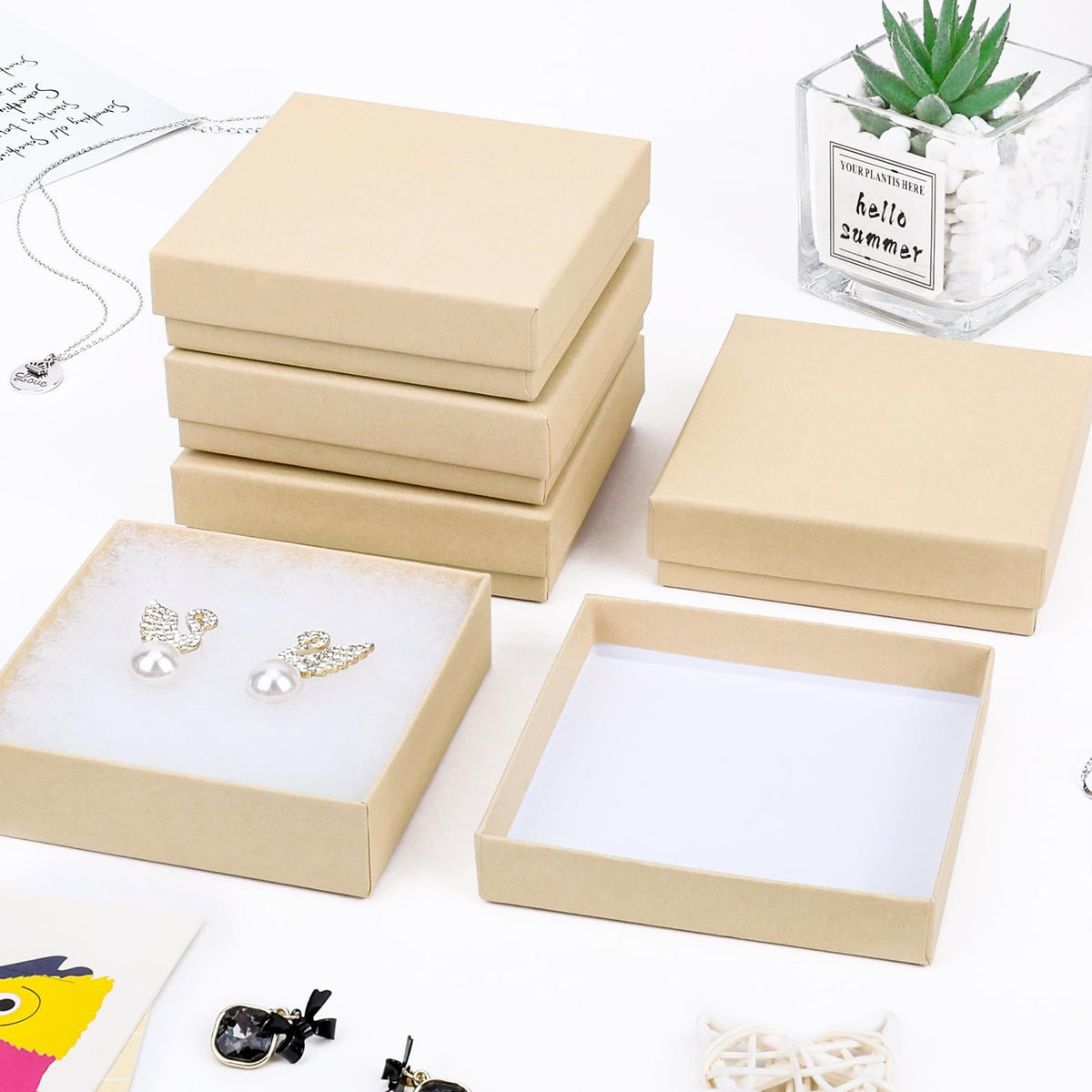 batifine Jewelry Gift Boxes, Cardboard Jewelry Boxes, 40 Pack 3.5x3.5x1 Inch, Bulk Cotton Filled Small Jewelry Boxes with Lids for Necklace Ring Bracelet Earring Display Box (Brown)